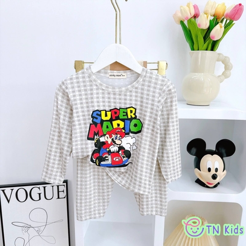 Bộ dài tay thun lạnh Minky Mom sọc caro in hoạt hình