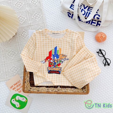 Bộ dài tay thun lạnh Minky Mom sọc caro in hoạt hình