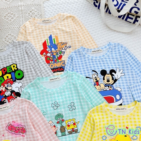 Bộ dài tay thun lạnh Minky Mom sọc caro in hoạt hình
