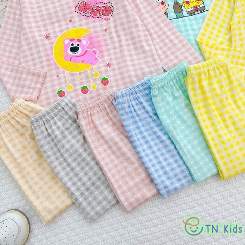 Bộ dài tay thun lạnh Minky Mom sọc caro in hoạt hình