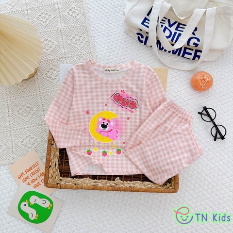 Bộ dài tay thun lạnh Minky Mom sọc caro in hoạt hình