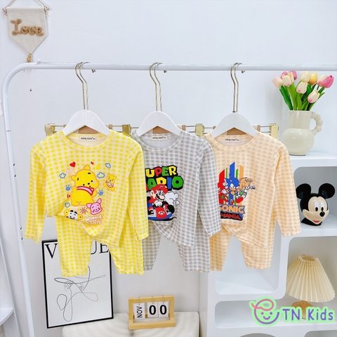 Bộ dài tay thun lạnh Minky Mom sọc caro in hoạt hình