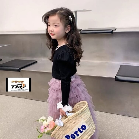 Set áo tay bồng kèm chân váy tầng cho bé gái