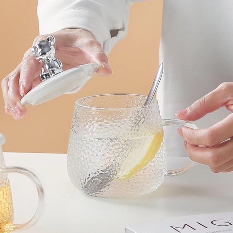 Cốc thủy tinh nắp gấu bằng nhựa 500ML