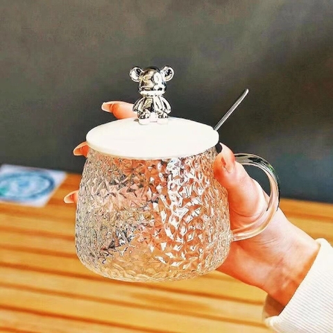 Cốc thủy tinh nắp gấu bằng nhựa 500ML