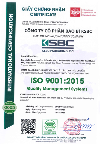 KSBC được cấp chứng nhận ISO 9001:2015 về hệ thống quản lý chất lượng