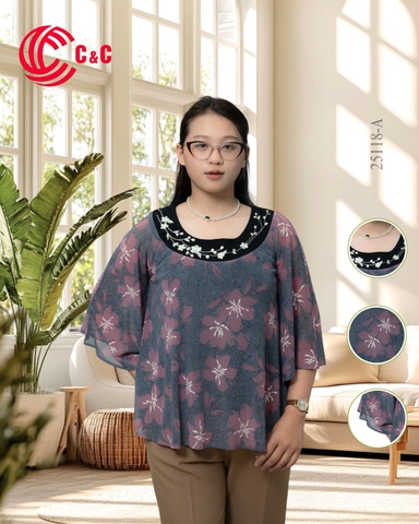 25118 - Áo Cánh Tiên Hoa Phối Cổ Thêu Vải Lụa Cao Cấp