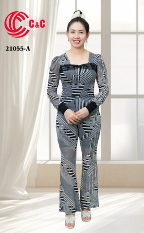 21055 - Áo Dài Tay Quần Ống Loe Phom Ôm In Họa Tiết Sắc Nét