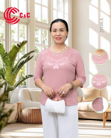 25104 - Cổ Tròn Đắp Ren Thêu Hoa Đính Đá Lộng Lẫy Sang Trọng