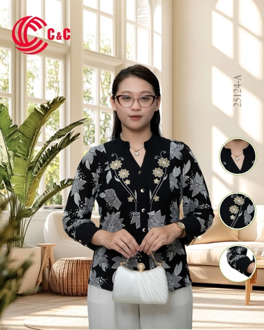 25124 - Áo Sơ Mi Hoa Thêu Cổ Lãnh Tụ Thanh Lịch Quý Phái