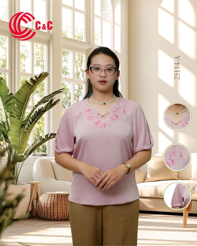 25114 - Áo Kiểu Hoa Thêu Cổ Chữ V Đan Dây Cách Điệu