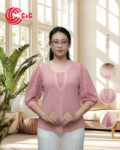 25148 - Áo Kiểu Tay Lỡ Phối Ren Thêu Nhành Lá Thanh Lịch