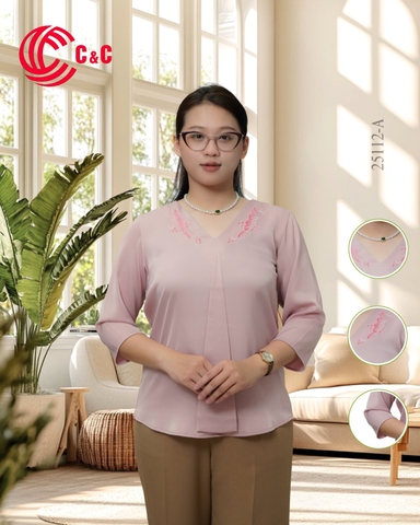 25112 - Áo Kiểu Cổ Chữ V Thêu Họa Tiết