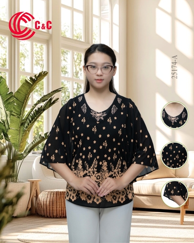 25174 - Tay Áo Cánh Tiên Họa Tiết Hoa Lá Thêu Cổ Tinh Tế