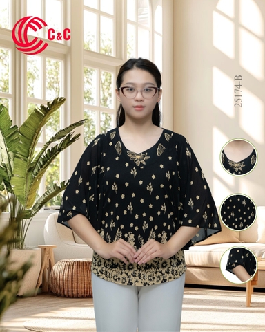 25174 - Tay Áo Cánh Tiên Họa Tiết Hoa Lá Thêu Cổ Tinh Tế