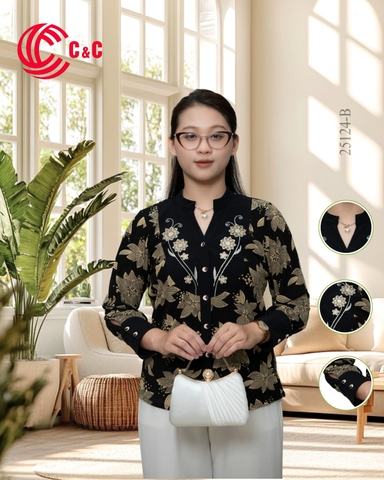 25124 - Áo Sơ Mi Hoa Thêu Cổ Lãnh Tụ Thanh Lịch Quý Phái