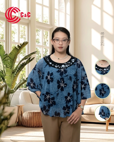 25118 - Áo Cánh Tiên Hoa Phối Cổ Thêu Vải Lụa Cao Cấp