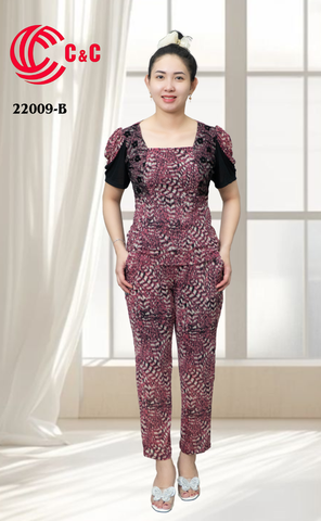 22009 - Phom Ôm Body Tay Ngắn Phối Ren Lưới In Họa Tiết