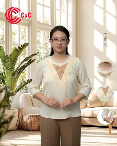 25106 - CỔ TRÒN THÊU CHỮ V THÊU HỌA TIẾT PHA REN