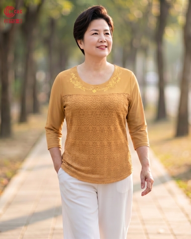 25113 - Cổ Tròn Thêu Hoa Lá Cách Điệu Tinh Xảo