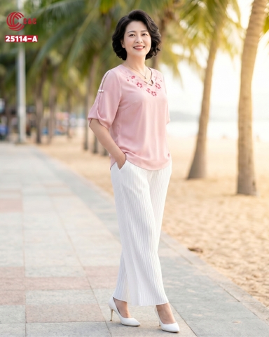 25114 - Áo Kiểu Hoa Thêu Cổ Chữ V Đan Dây Cách Điệu