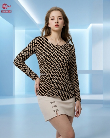 26076 - ÁO THUN GÂN HỌA TIẾT HÌNH HỌC PHỐI DRAPE EO THANH LỊCH