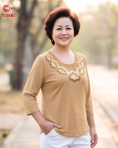 26077 - CỔ TRÒN PHỐI REN THÊU HOA ĐÍNH ĐÁ VIỀN CỔ