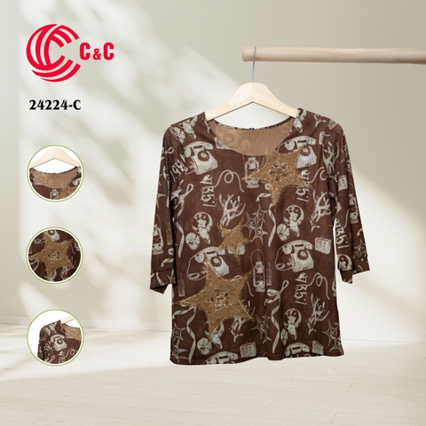 24224 - Cổ Tròn Họa Tiết Thêu Ngôi Sao Cách Điệu 4 Màu