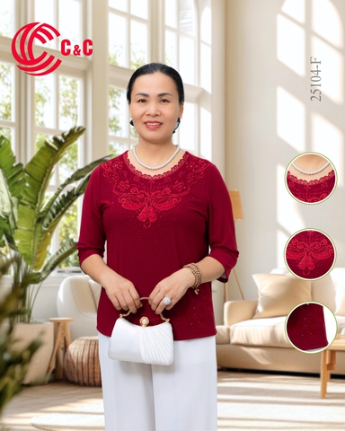 25104 - Cổ Tròn Đắp Ren Thêu Hoa Đính Đá Lộng Lẫy Sang Trọng