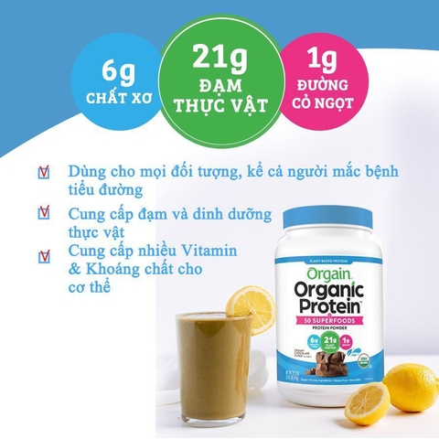 Đạm thực vật và Superfoods hữu cơ vị socola Orgain 918gr