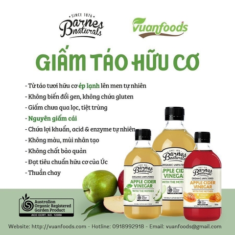 Giấm táo hữu cơ có giấm cái Barnes Natural 500ml