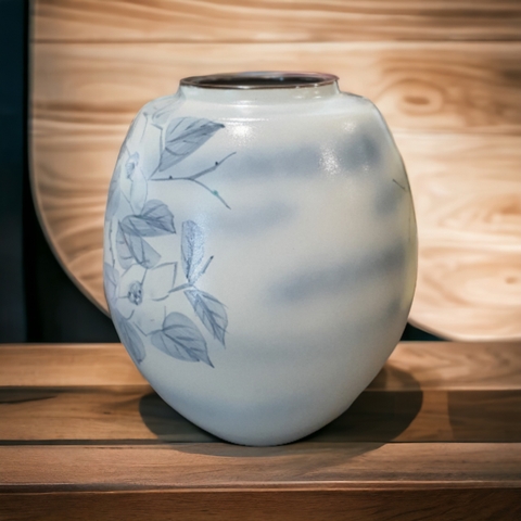 Bình hoa vẽ hoa Trà - gốm Kutani-yaki có triện