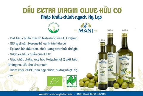Dầu Olive Extra Virgin hữu cơ ép lạnh Mani 500ml/ 250ml