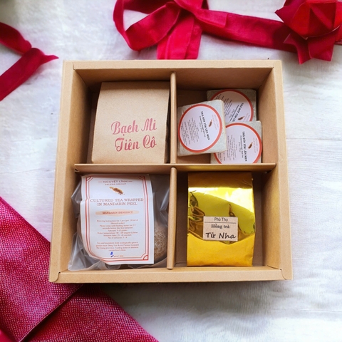 Hộp trà quà tặng (Hồng trà, Bạch Trà, Búp tím lên men, Phổ nhĩ Quýt) - Tea gift box of 4 tea (white tea, black tea, fermented tea)