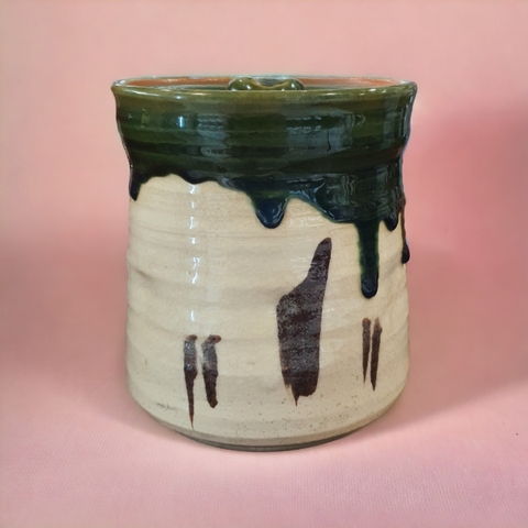 Hũ nước trà đạo Nhật men Tenmoku vàng tím & Men Oribe xanh (hũ đựng gạo hoặc ngũ cốc)