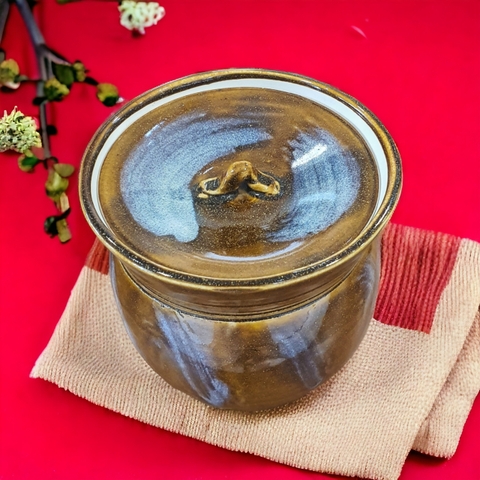 Hũ nước trà đạo Nhật men Tenmoku vàng tím & Men Oribe xanh (hũ đựng gạo hoặc ngũ cốc)