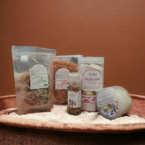 Muối biển Sahu premium - loại nhỏ (muối tiêu, muối ớt, muối ruốc, hoa muối, muối tre)