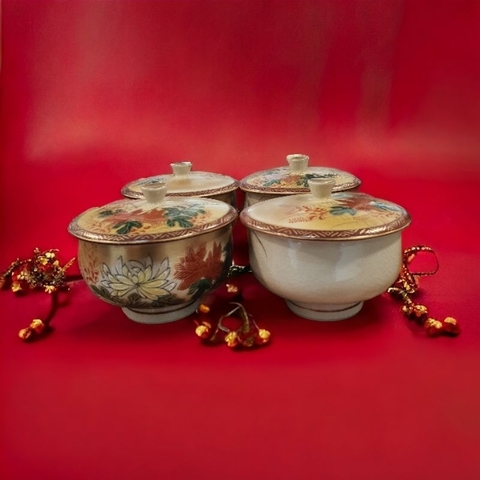 Ly/ chum uống trà hoa vẽ gốm Kutani, men rạng - bộ 5 ly