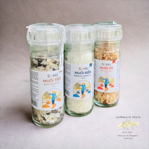 Muối biển Sahu premium - loại nhỏ (muối tiêu, muối ớt, muối ruốc, hoa muối, muối tre)