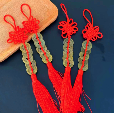 Mặt dây chuyền năm đồng xu thắt nút Trung Quốc thu hút tài lộc, Đồng Xu Phong Thủy A1634