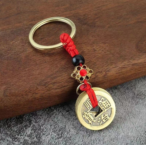 Móc khóa 5 đồng xu móc khóa Dây thừng thắt nút đỏ hình ngũ hoàng đế A4832