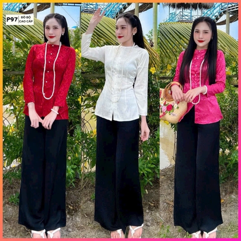 Đồ lam thanh lịch áo gấm quần lụa cao cấp