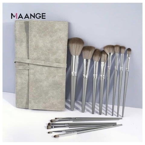Bộ Cọ Trang Điểm MAANGE 14 Cây Màu Xám Kèm Túi Da