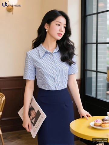 Sơ mi kẻ ôm vừa cộc tay UKSM2507028