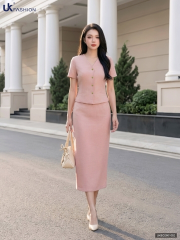 Set cổ tim + chân váy a dài thanh lịch, dễ mặc UKBD2601002