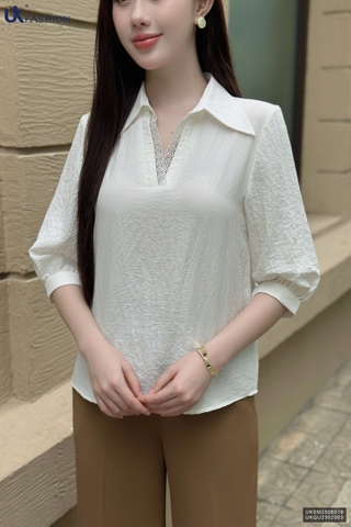 Sơ mi lá cổ V kê ren dễ mặc che khuyết điểm UKSM2506019