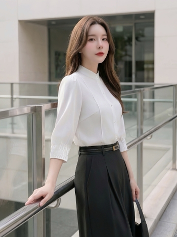 Sơ mi cổ tàu xếp mí tay nhẹ nhàng mềm mát UKSM2512003