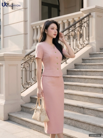 Set cổ tim + chân váy a dài thanh lịch, dễ mặc UKBD2601002