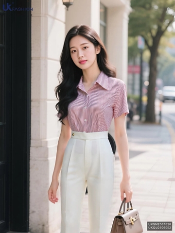 Sơ mi kẻ ôm vừa cộc tay UKSM2507028