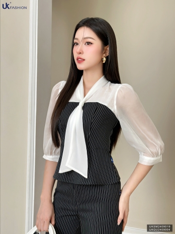 Sơ mi kẻ phối tơ nơ vạt xinh xắn, phong cách UKSM2409019